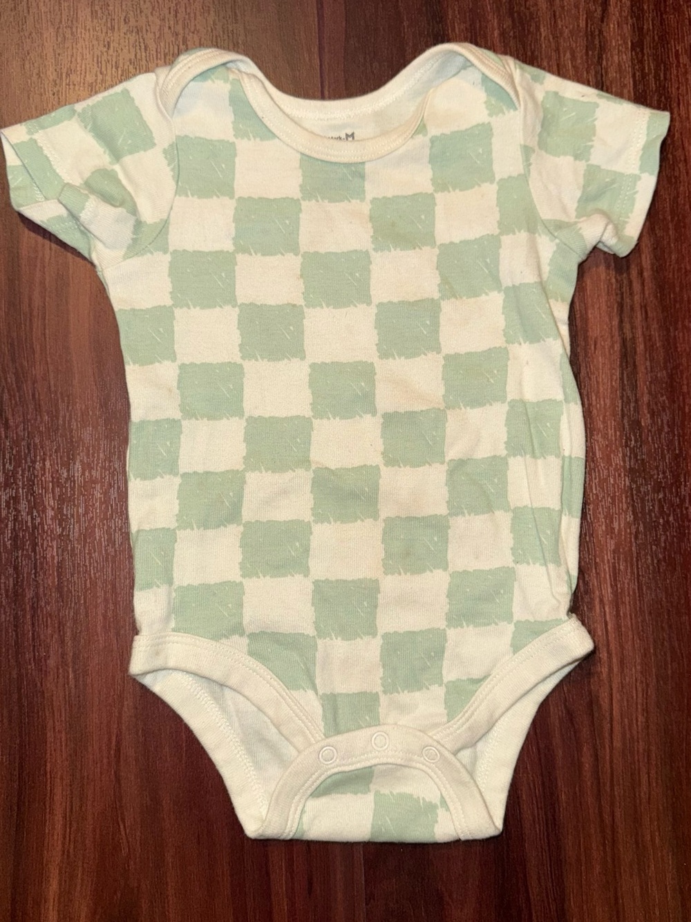Checkerboard Short-Sleeve Baby One-Piece in Mint and Cream